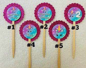 Set Of 12 Personalized Unicorn 2nd Birthday Party Cupcake Toppers