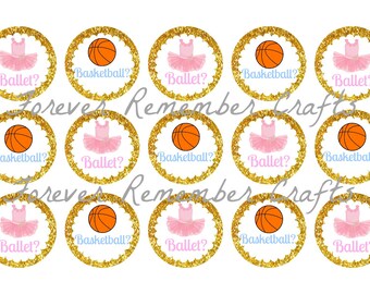 INSTANT DOWNLOAD Gender Reveal Basketball or Ballet 1 Inch Bottle Cap Image Sheets *Digital Image* 4x6 Sheet With 15 Images