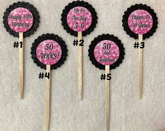 Set Of 12 Personalized 50th Birthday Party Cupcake Toppers (Your Choice Of Any 12, Can Be Mixed)