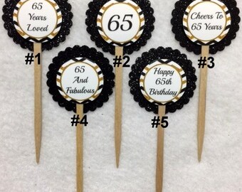 Set Of 12 Personalized 65th Birthday Party  Cupcake Toppers (Your Choice Of Any 12)