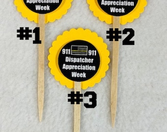 Set Of 12 Personalized Thin Yellow Line 911 Dispatcher Apprecitaion Week  Cupcake Toppers (Your Choice Of Any 12)