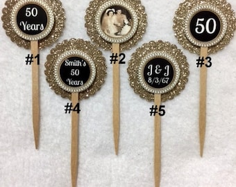 Set Of 12 Personalized 50th Wedding Anniversary Photo Cup Cake Toppers (Your Choice Of Any 12)