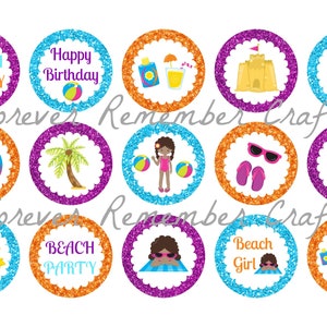 INSTANT DOWNLOAD Beach Birthday Party 1 Inch Circle Image Sheet *Digital Image* 4x6 Sheet With 15 Images
