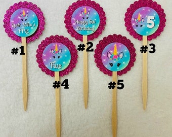 Set Of 12 Personalized Unicorn 5th Birthday Party Cupcake Toppers