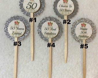 Set Of 12 Personalized 50th Birthday Party Cupcake Toppers (Your Choice Of Any 12, Can Be Mixed)
