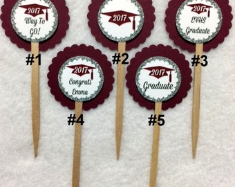 ANY YEAR Set Of 12 Personalized Maroon Graduation 2017 Cupcake Toppers (Your Choice Of Any 12)