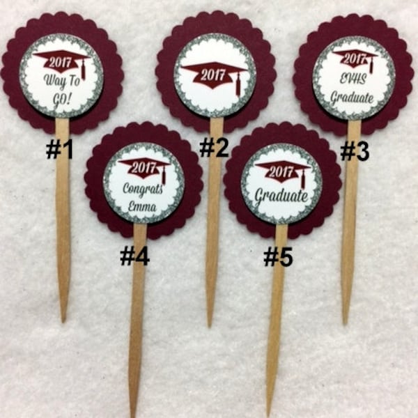 ANY YEAR Set Of 12 Personalized Maroon Graduation 2017 Cupcake Toppers (Your Choice Of Any 12)