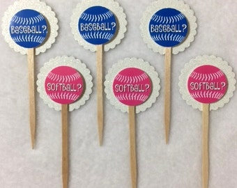 Set Of 12 Baby Shower Gender Reveal Baseball Or Softball Cupcake Toppers