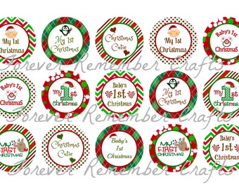 INSTANT DOWNLOAD Baby's 1st Christmas Bottle Cap Image Sheets *Digital Image* 4x6 Sheet With 15 Images