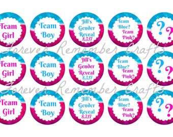 INSTANT DOWNLOAD Team Blue or Team Pink Gender Reveal 1 Inch Bottle Cap/Cupcake Topper Image Sheets *Digital Image* 4x6 Sheet With 15 Images