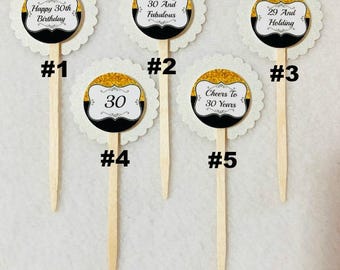 Set Of 12 Personalized 30th Birthday Party Cupcake Toppers (Your Choice Of 12)