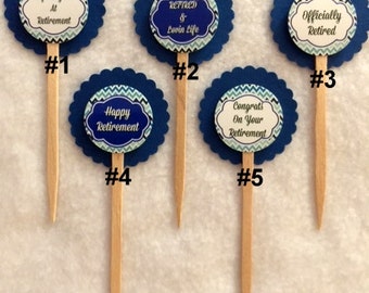 Set Of 12 Personalized Retirement Blue Cupcake Toppers (You Choice Of Any 12)