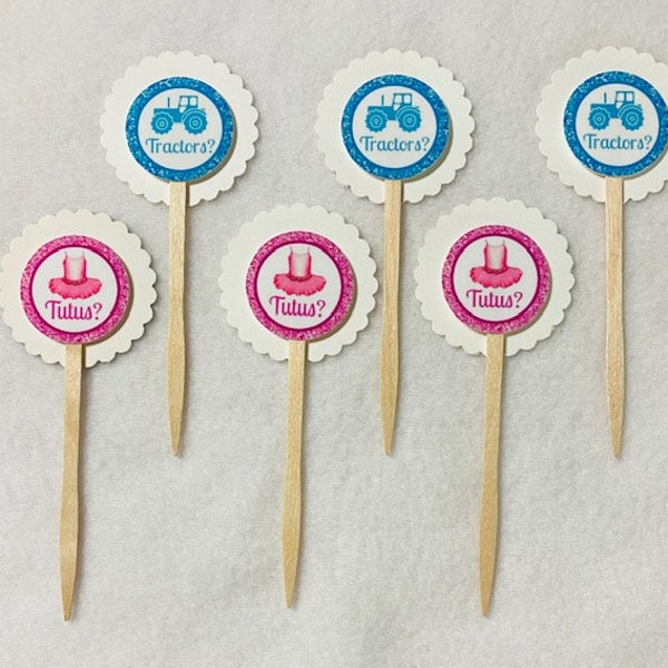 Personalized Set Of 12 Gender Reveal Tractors or Tutus Cupcake Toppers (Your Choice Of Any 12)