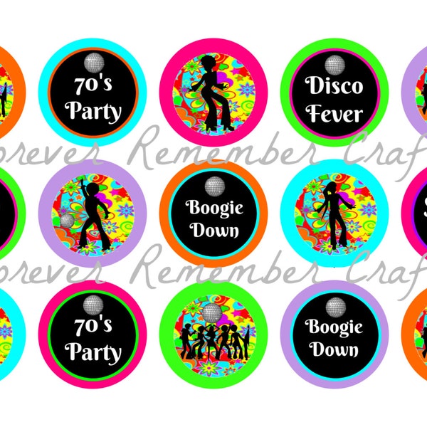 INSTANT DOWNLOAD Personalized  Disco 1970's  Party  1 Inch Bottle Cap Image Sheets *Digital Image* 4x6 Sheet With 15 Images
