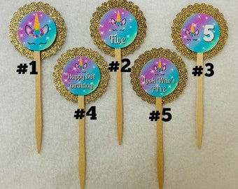 Set Of 12 Personalized Unicorn 5th Birthday Party Cupcake Toppers