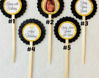 Set Of 12 Personalized 40th Birthday Party Photo Cupcake Toppers (Your Choice Of Any 12)