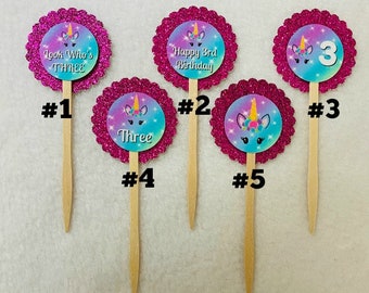 Set Of 12 Personalized Unicorn 3rd Birthday Party Cupcake Toppers