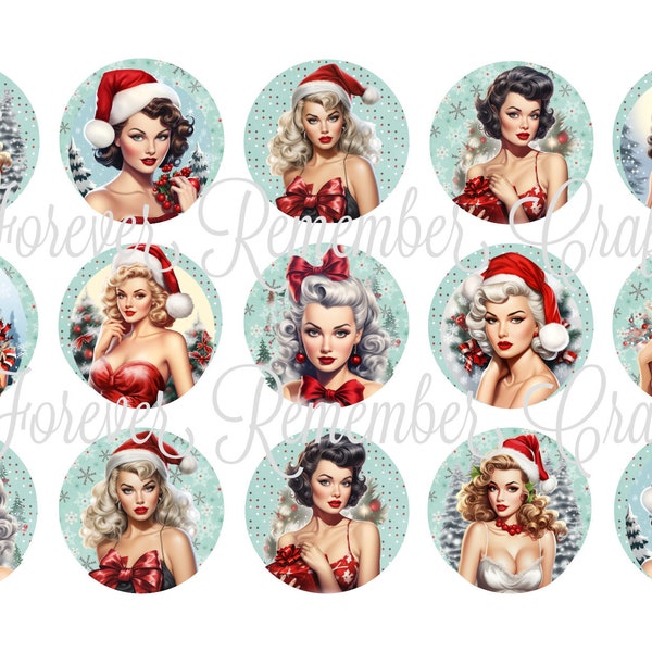 INSTANT DOWNLOAD Christmas Pin Up Girls 1 Inch Bottle Cap Image Sheets *Digital Image* 4x6 Sheet With 15 Images