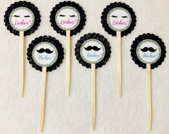 Personalized Set Of 12 Gender Reveal Lashes or Staches Cupcake Toppers (Your Choice Of Any 12)
