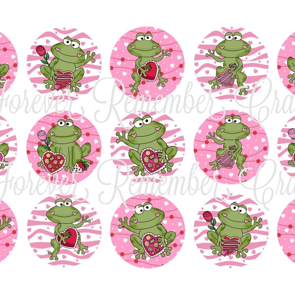 INSTANT DOWNLOAD Valentine's Day Frogs 1 Inch Bottle Cap Image Sheets *Digital Image* 4x6 Sheet With 15 Images