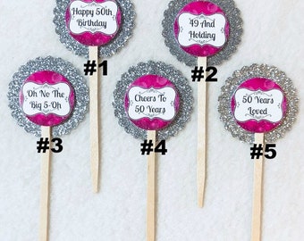 Set Of 12 Personalized 50th Birthday Party Cupcake Toppers (Your Choice of Any 12)