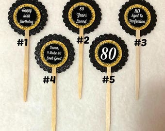 Set Of 12 Customized 80th Birthday Party  Cupcake Toppers (Your Choice Of Any 12)
