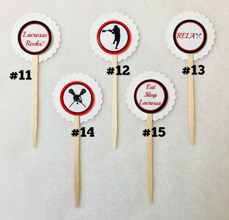 Set of 12 White or Your Choice of Colors Lacrosse Cupcake Toppers Black