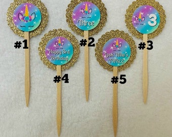 Set Of 12 Personalized Unicorn 3rd Birthday Party Cupcake Toppers