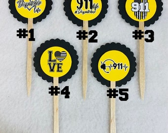 Set Of 12 Personalized Thin Yellow Line 911 Dispatcher Apprecitaion Week  Cupcake Toppers (Your Choice Of Any 12)