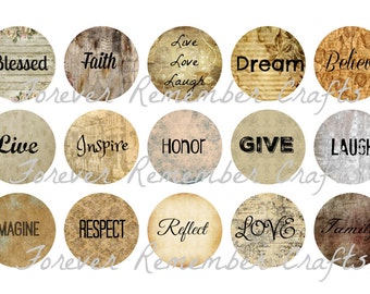 INSTANT DOWNLOAD Inspirational Sayings Vintage Background 1 Inch Bottle Cap Image Sheets *Digital Image* 4x6 Sheet With 15 Images