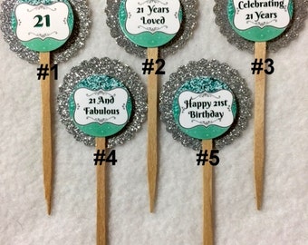 Set Of 12 Personalized 21st Birthday   Cupcake Toppers (Your Choice Of Any 12, CAN BE MIXED)