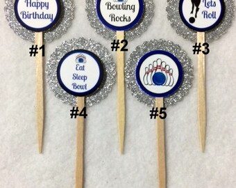 Set Of 12 Personalized Bowling Birthday Cupcake Toppers (Your Choice Of Any 12)