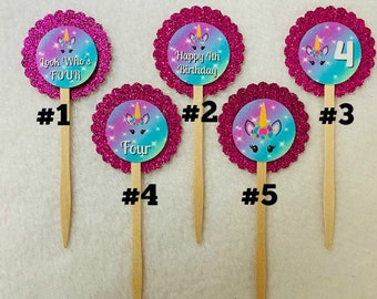 Set Of 12 Personalized Unicorn 4th Birthday Party Cupcake Toppers