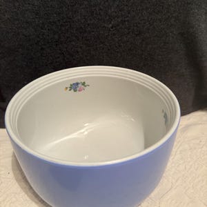 Puede incluir: Un cuenco de cerámica azul claro con interior blanco. El cuenco presenta un delicado motivo floral cerca del borde. Este cuenco es adecuado para servir o mezclar alimentos. El diámetro del cuenco es de aproximadamente 20 cm.