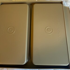 May include: Two beige rectangular Tupperware containers with rounded corners are nested in a matching tray. Each container has a circular indentation in the center. The Tupperware logo is visible on one container.