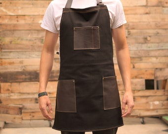 Black Denim Apron Brown Leather Pockets, Barber Apron, Barista Apron, Chef Apron, Barista Apron, Utility Apron, Tattooist Apron