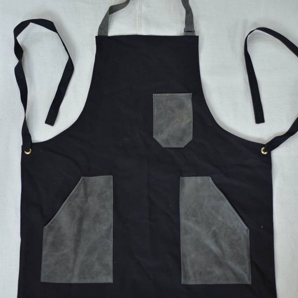 Black Denim Grey Leather Pockets Apron Handmade