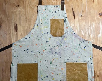 White denim drip print with leather pockets leather straps