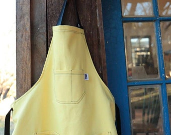 Yellow Denim Apron Leather Pockets Art Woodwork Barista Barber Haircut Mechanic Stylist All Purpose HandMade