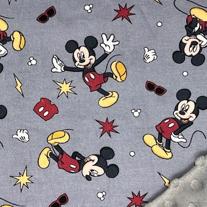 Pu&ograve; includere: Tessuto grigio con un motivo ripetitivo di Topolino in varie pose. Il tessuto ha accenti rossi, gialli e bianchi. Il tessuto &egrave; abbinato a un tessuto minky grigio.