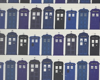 May include: A repeating pattern of blue and black police boxes with the text "Police Box" on each box.