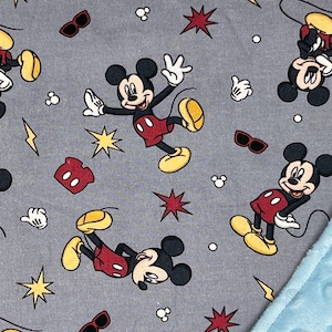 Pu&ograve; includere: Una copertina per neonati grigia e blu con stampa di Topolino. La copertina presenta Topolino in varie pose, insieme a stelle, fulmini e occhiali da sole. Il retro della copertina &egrave; di un blu tenue.