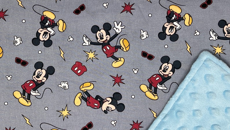 Pu&ograve; includere: Una copertina per neonati grigia e blu con stampa di Topolino. La copertina presenta Topolino in varie pose, insieme a stelle, fulmini e occhiali da sole. Il retro della copertina &egrave; di un blu tenue.