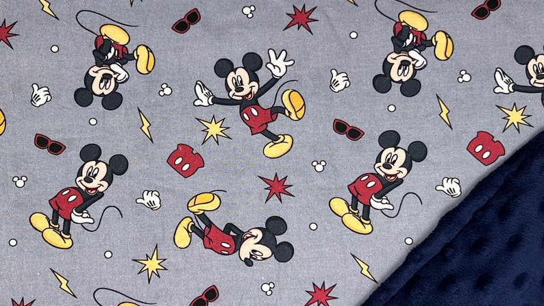 Pu&ograve; includere: Tessuto grigio con un motivo ripetitivo di Topolino in varie pose. Lo sfondo presenta stelle rosse, fulmini gialli e pois bianchi. Il tessuto &egrave; abbinato a un tessuto blu scuro e peloso.