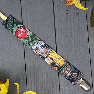 Beauty and the Beast Pacifier Clip  / Stained Glass Belle Binky Holder