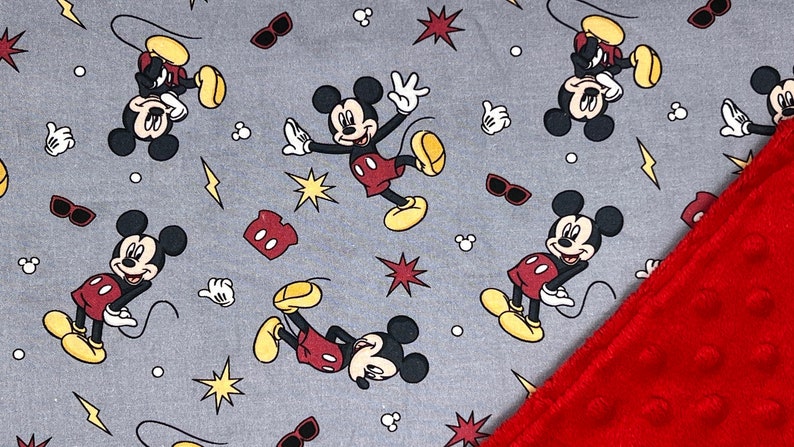 Pu&ograve; includere: Un tessuto grigio con un motivo ripetitivo di Topolino in varie pose. Il tessuto &egrave; abbinato a un tessuto rosso strutturato.