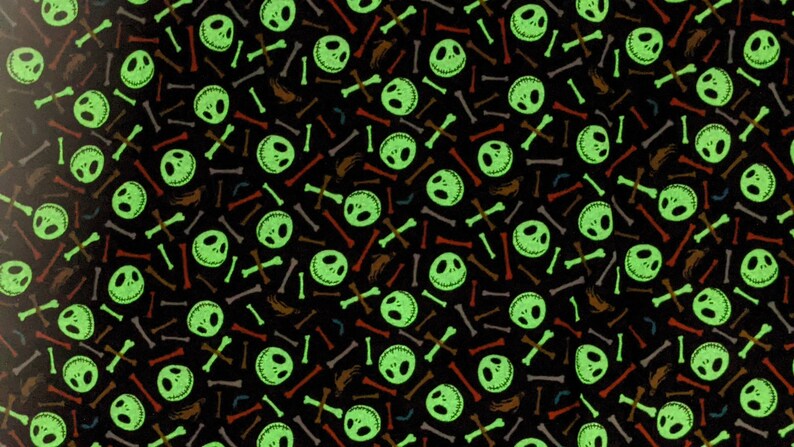 May include: A black background with a repeating pattern of green Jack Skellington faces and colorful bones.