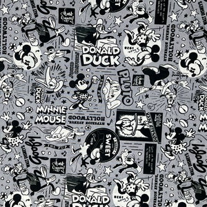 Peut inclure: Tissu gris avec un motif r&eacute;p&eacute;t&eacute; de personnages Disney classiques tels que Mickey Mouse, Minnie Mouse, Donald Duck et Dingo. Le motif comprend des &eacute;l&eacute;ments textuels tels que "Hollywood" et "Walt Disney's".