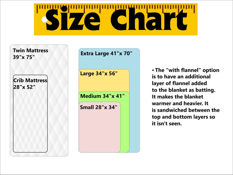 May include: Size chart with dimensions for various mattress and blanket sizes. Includes Twin Mattress (39" x 75"), Crib Mattress (28" x 52"), Extra Large (41" x 70"), Large (34" x 56"), Medium (34" x 41"), and Small (28" x 34").