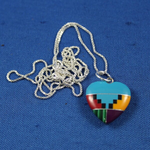 Inlaid Heart Necklace, Stone Inlay, 24" Sterling Silver Box Chain, Native American Inspired, Colorful Southwestern Design